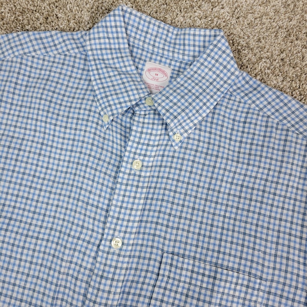 Brooks Brothers 346 Mens Medium‎ Blue Check Button Down Short Sleeve 100% Linen
